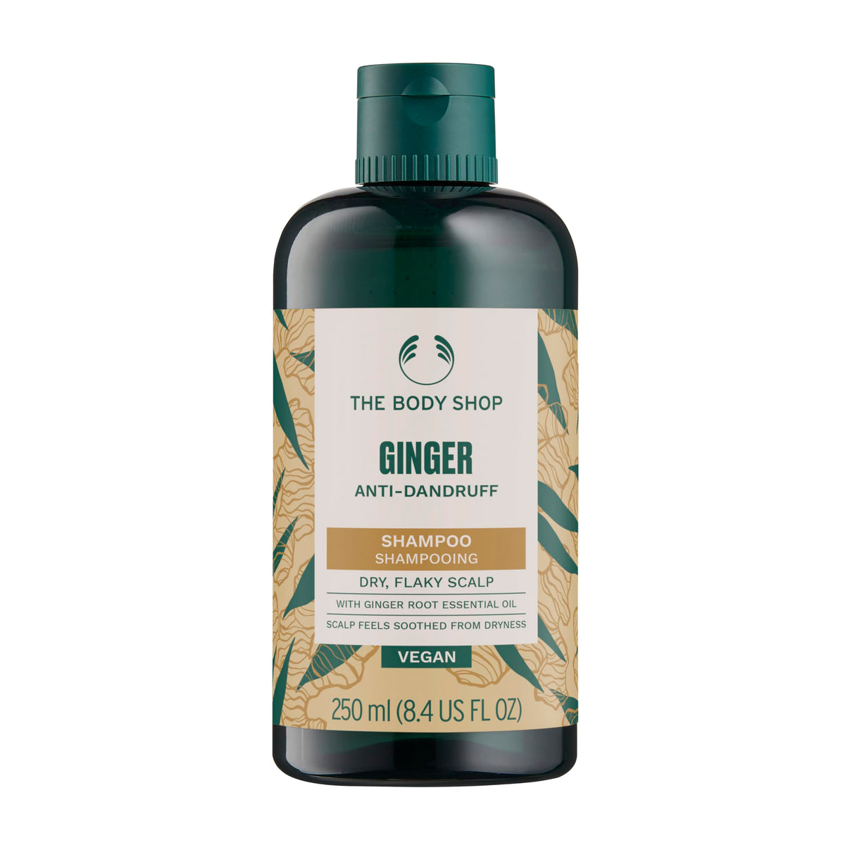 The Body Shop bottle front packaging showing calming ginger scent and benefit