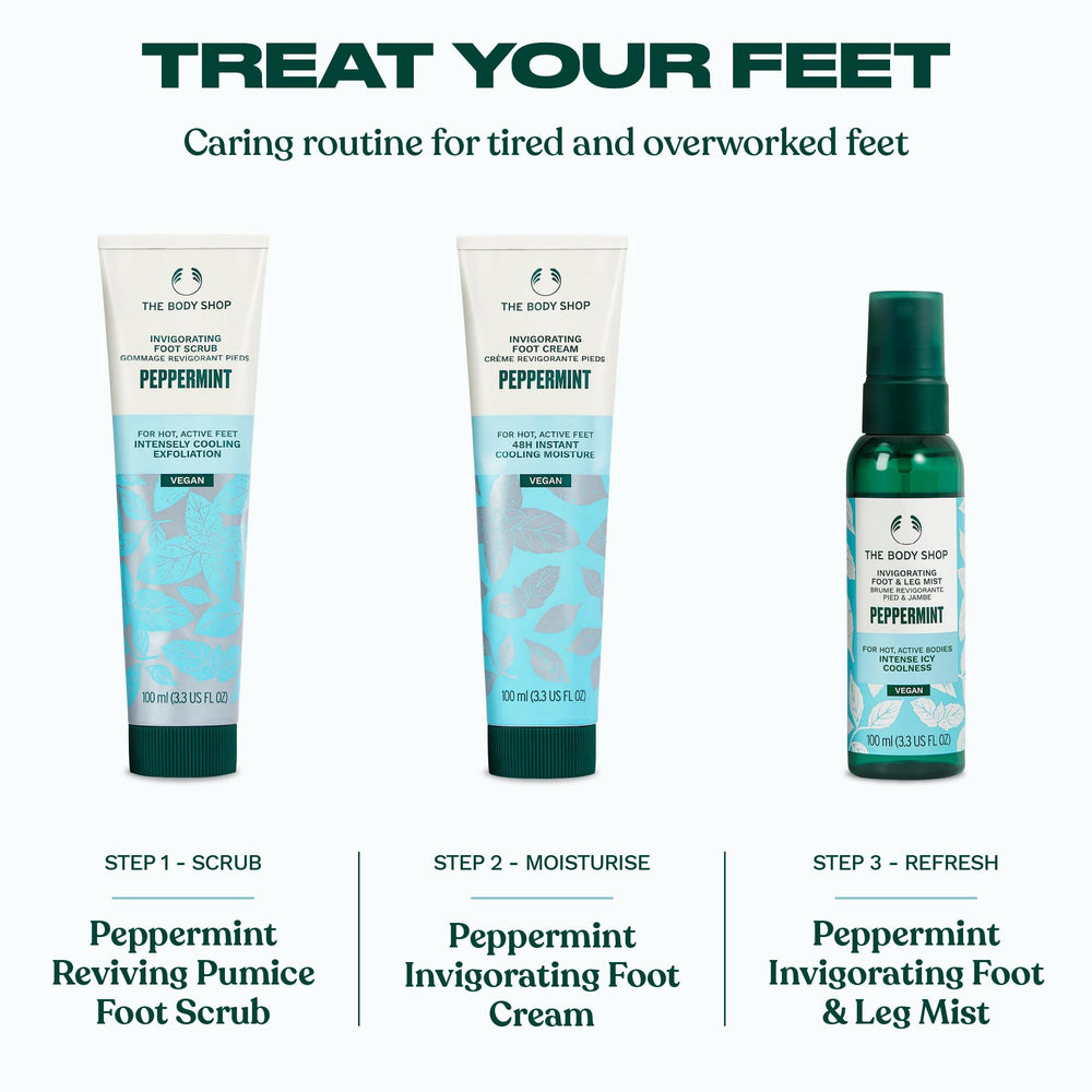 The Body Shop peppermint foot cream beside pedicure tools for at-home care