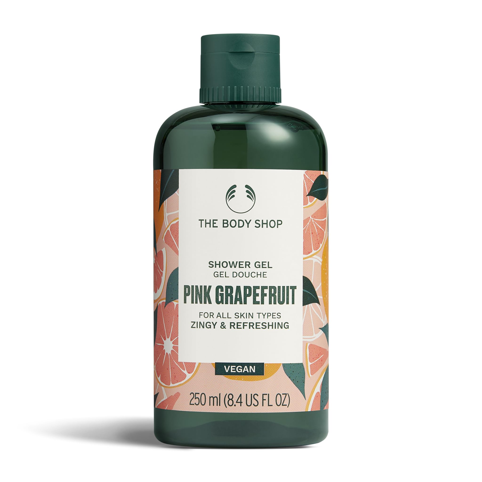 The Body Shop pink grapefruit front bottle showing vibrant packaging and easy-pour cap