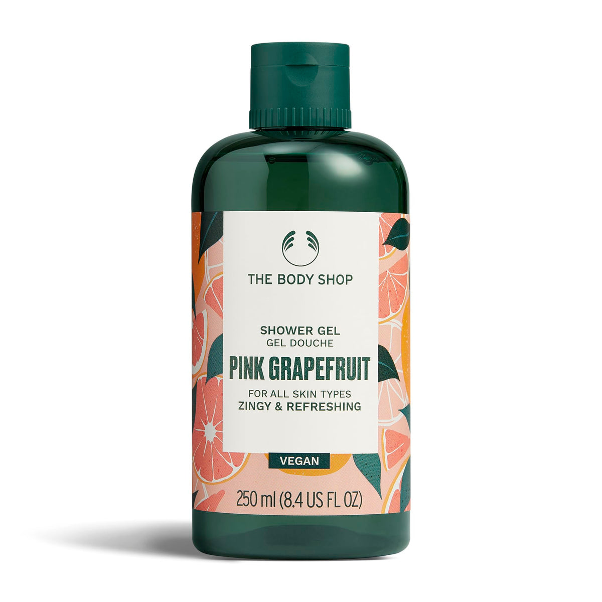 The Body Shop pink grapefruit front bottle showing vibrant packaging and easy-pour cap