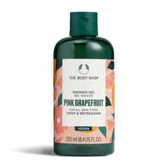 The Body Shop pink grapefruit front bottle showing vibrant packaging and easy-pour cap