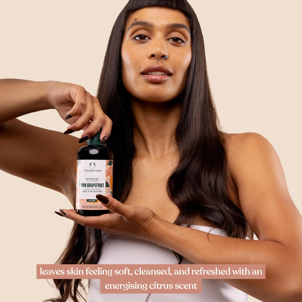 The Body Shop pink grapefruit in-shower usage with refreshing citrus atmosphere