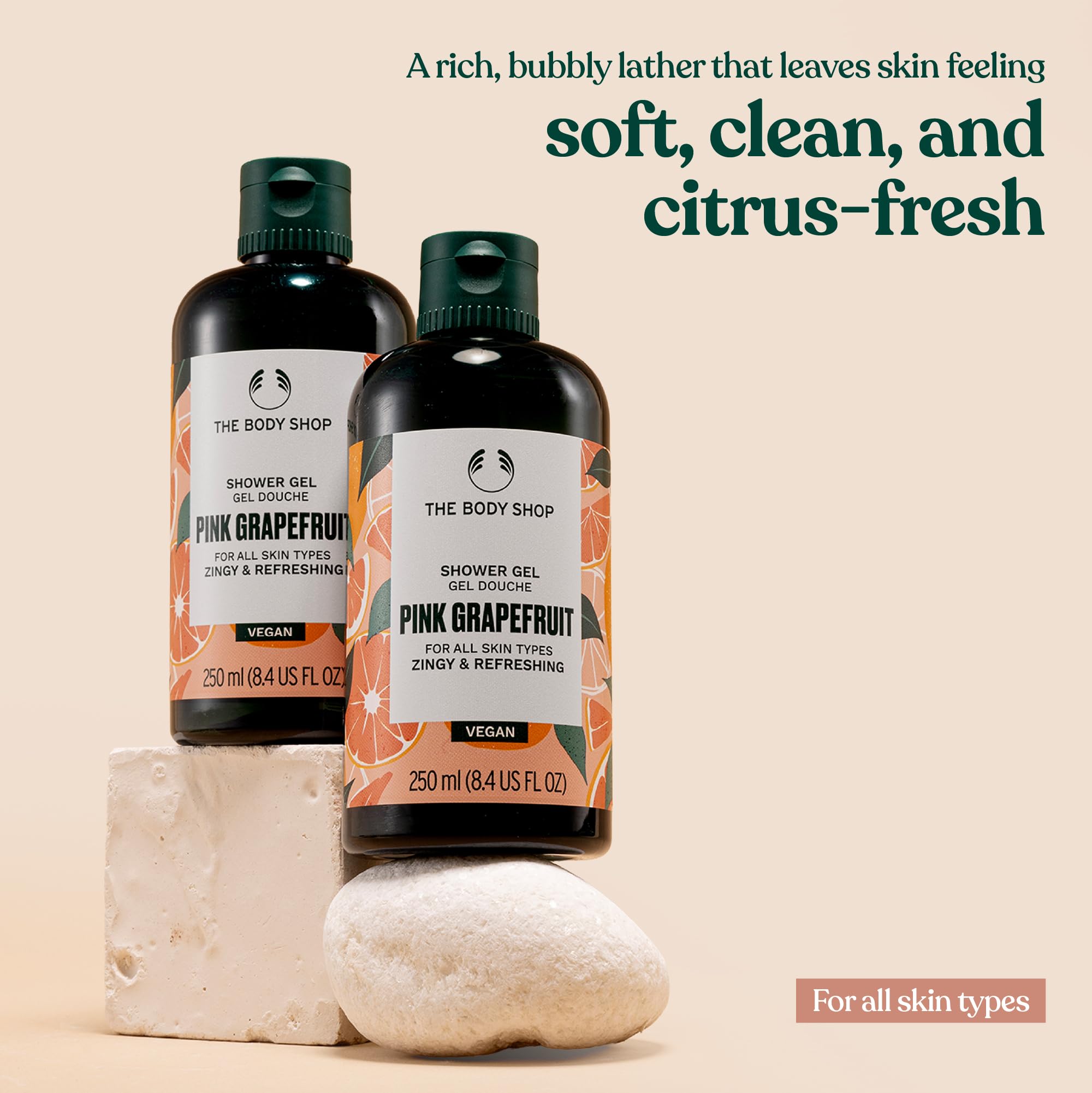 The Body Shop pink grapefruit natural ingredients badge highlighting 92 percent natural