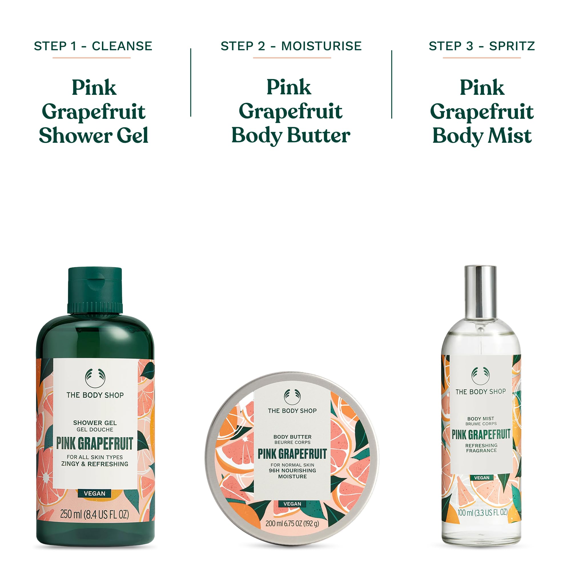Label and ingredient panel of The Body Shop pink grapefruit mist showing paraben-free benefit