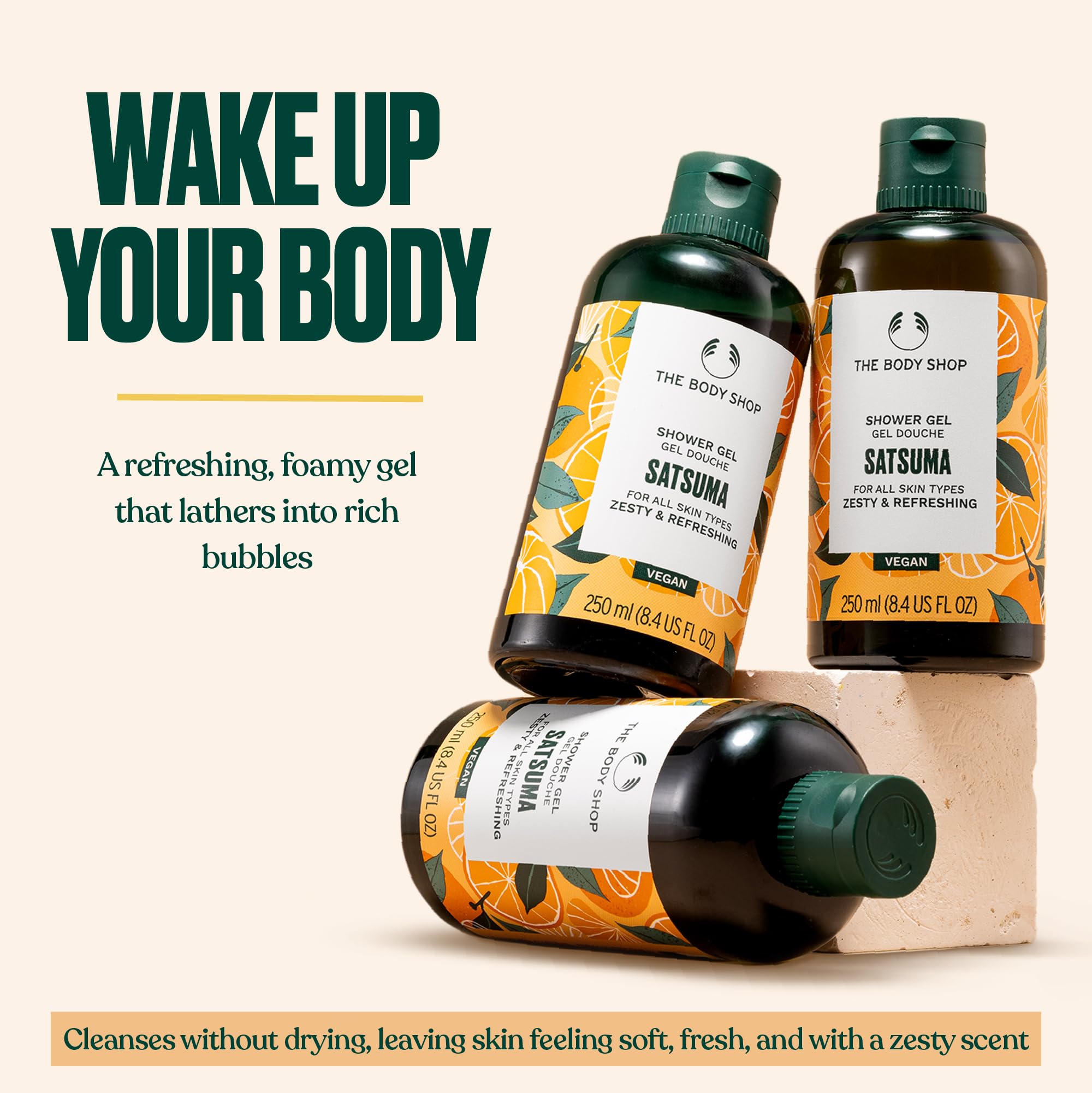 The Body Shop satsuma gel lathered into foamy suds showing effective cleansing