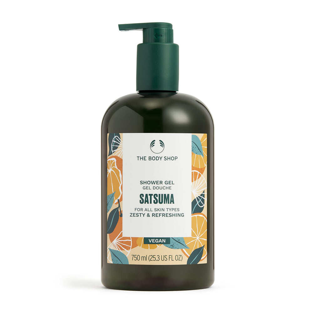 The Body Shop satsuma bottle front view showing bright citrus packaging and size