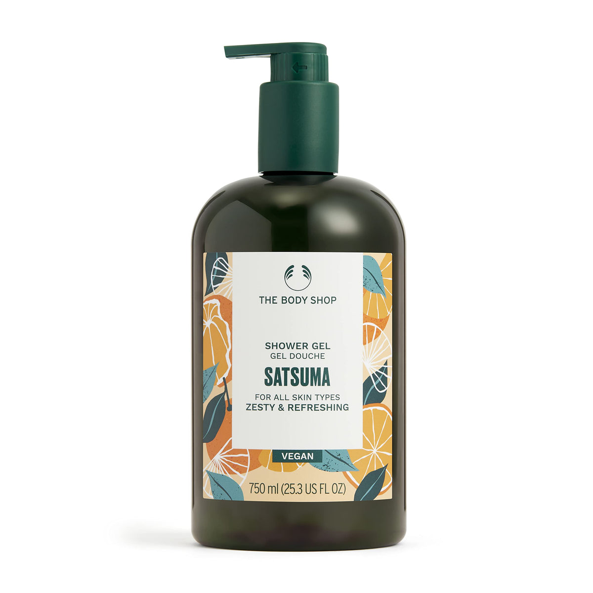 The Body Shop satsuma bottle front view showing bright citrus packaging and size