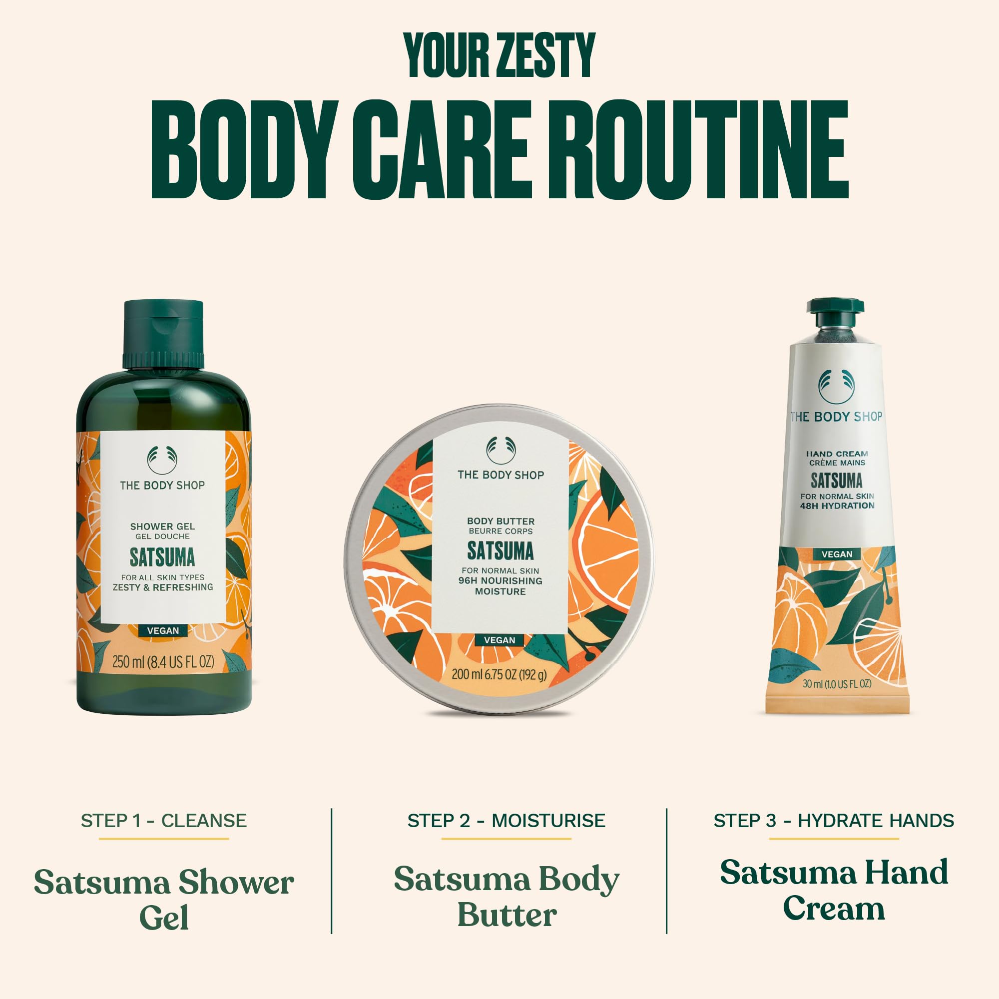The Body Shop satsuma being poured from bottle showing easy control and minimal waste