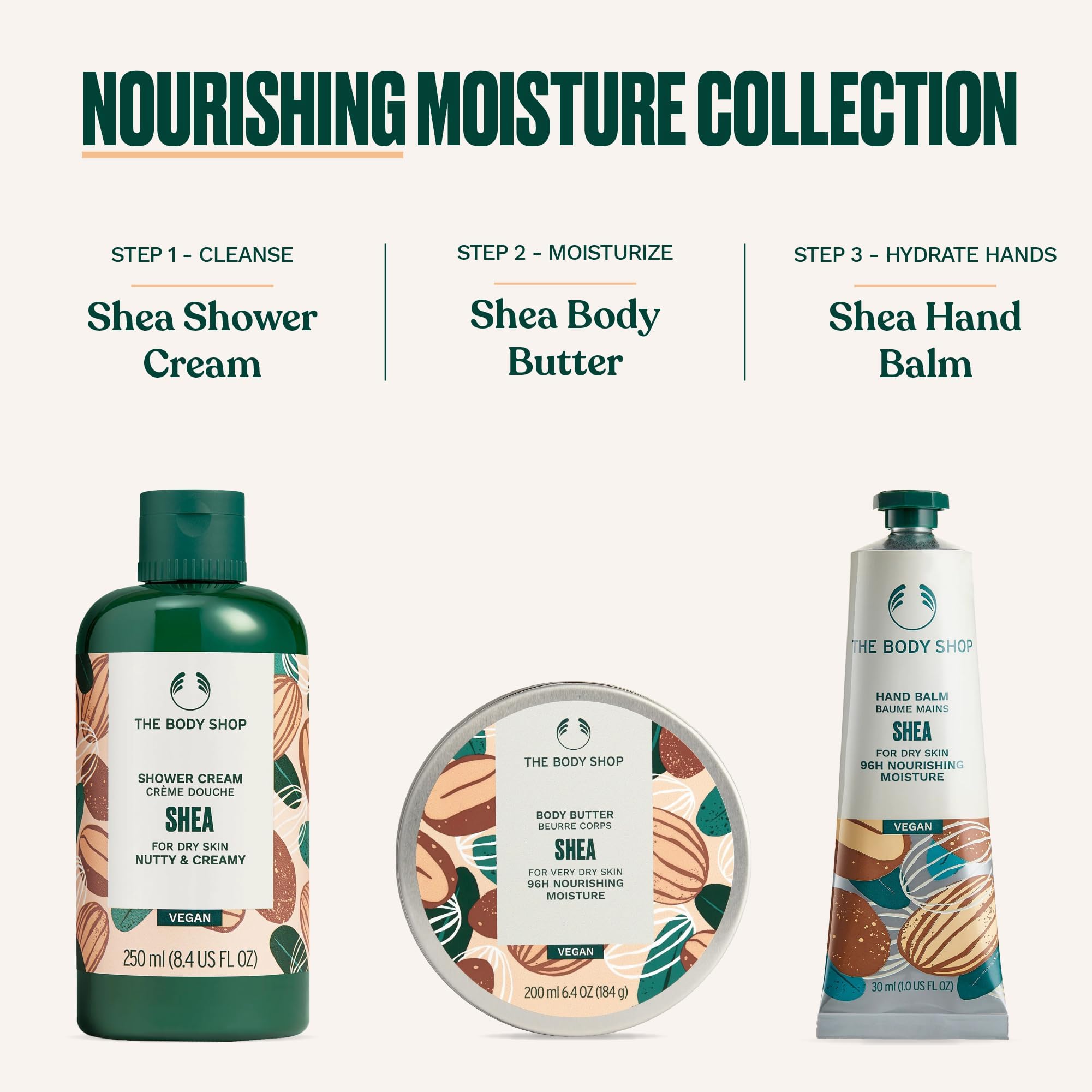 The Body Shop pouring shower cream showing smooth application and coverage
