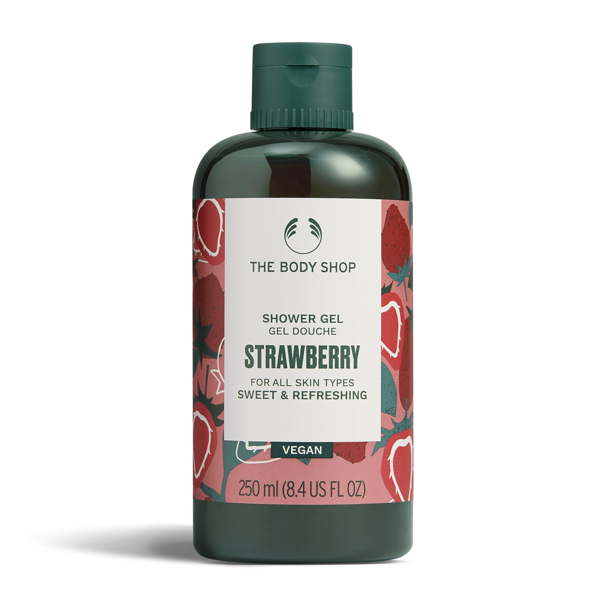 The Body Shop front bottle view showing strawberry scent and fresh look