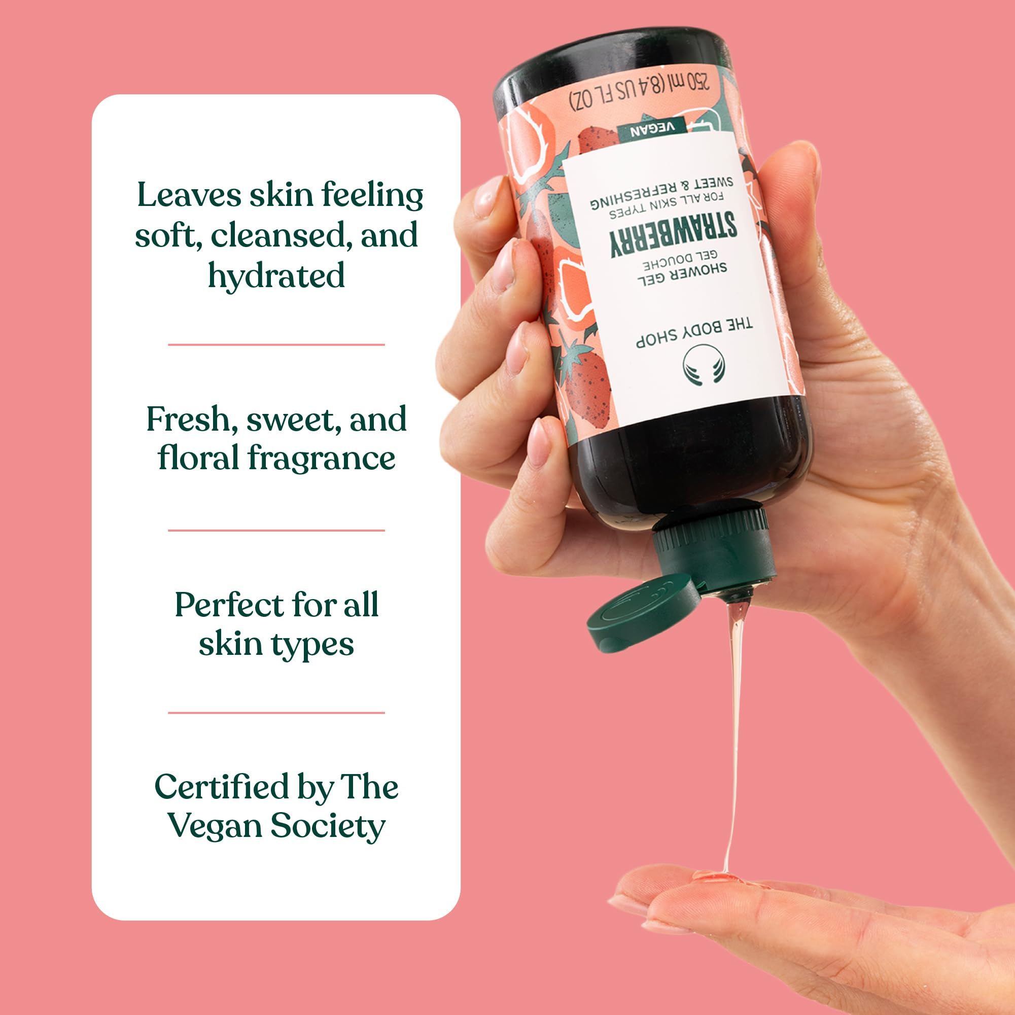 Shower scene with The Body Shop gel in use conveying refreshing cleanse