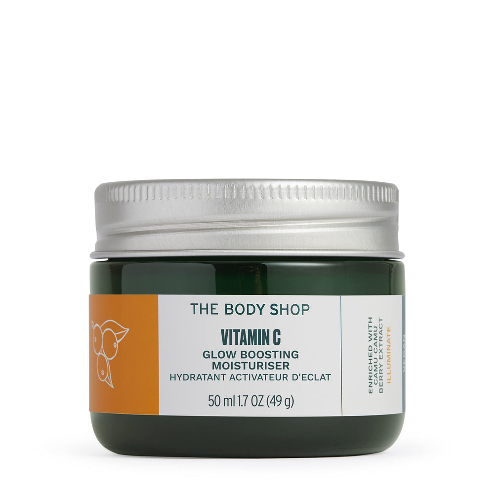 The Body Shop front packaging showing 1.7 oz moisturizer for visible glow