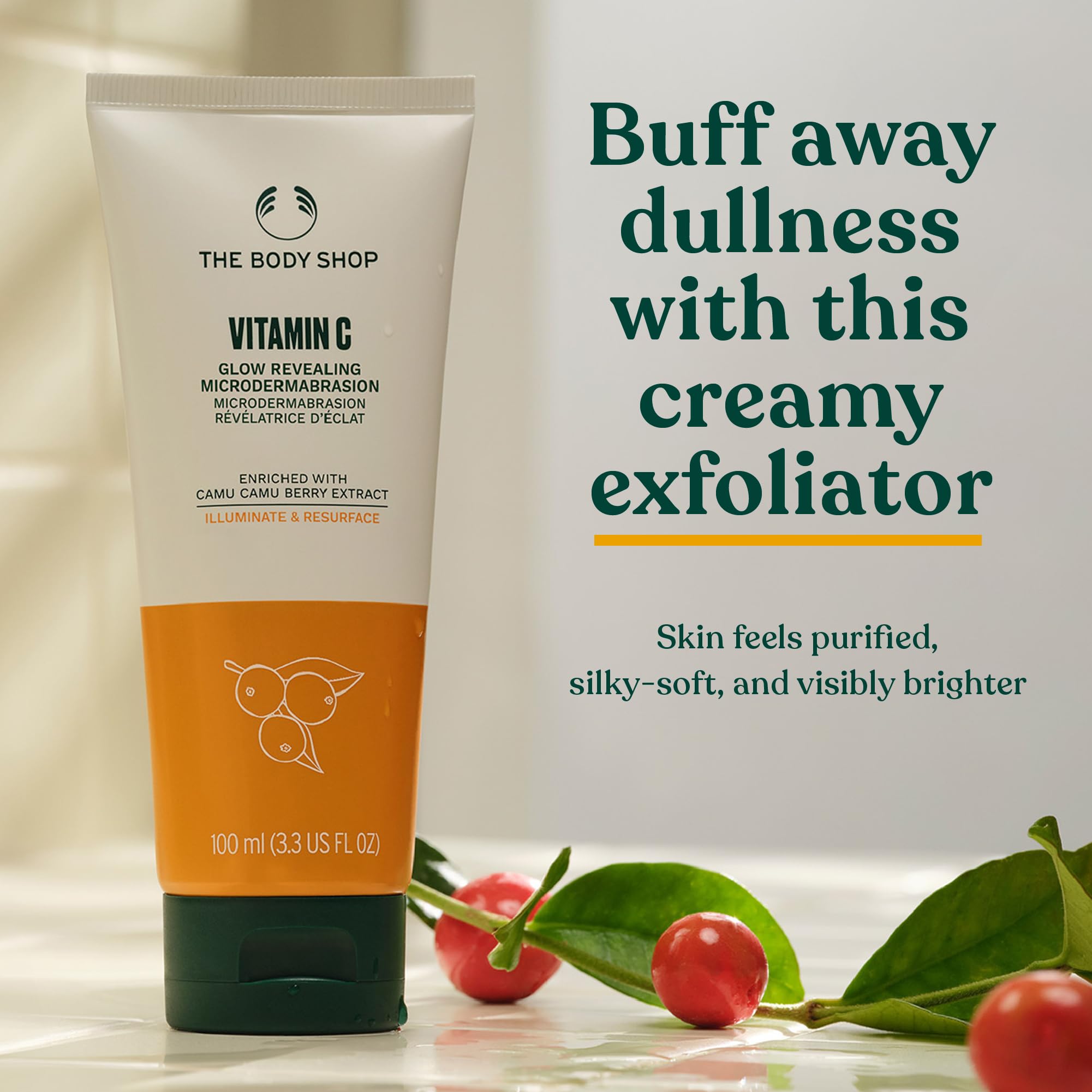 The Body Shop scrub in hand demonstrating gentle application and control
