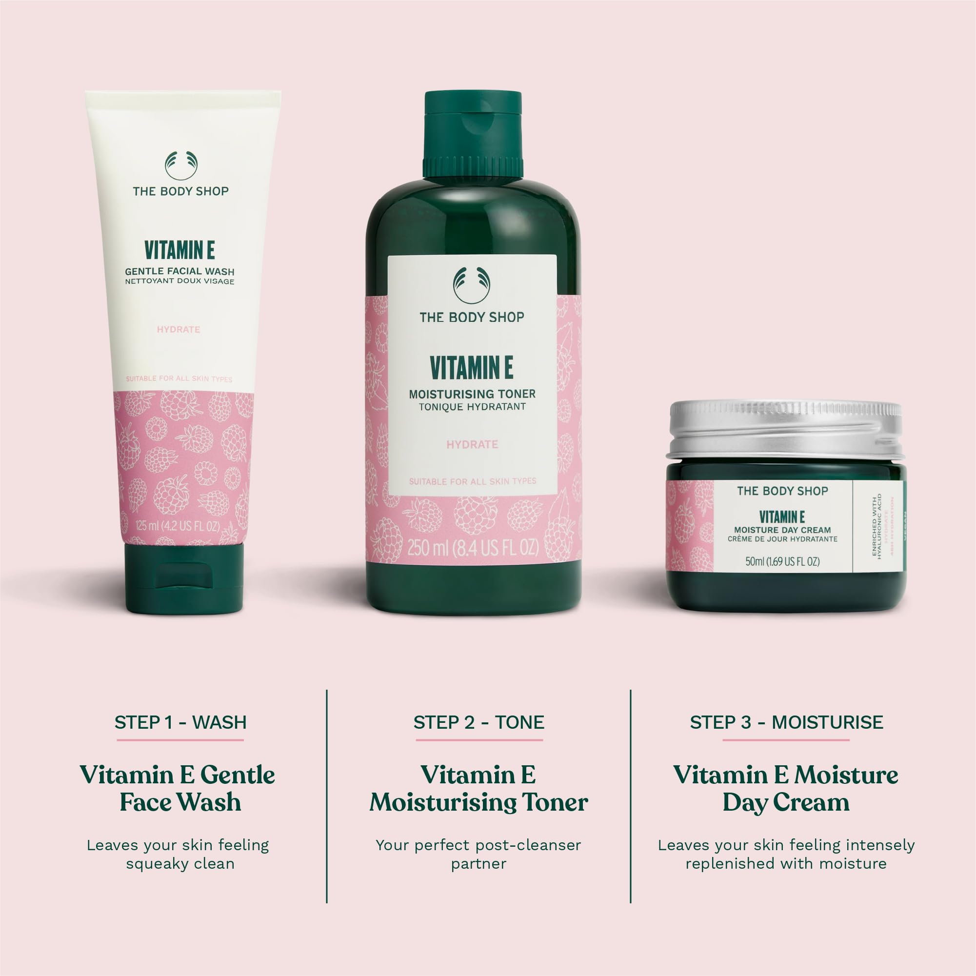 The Body Shop Vitamin E on bathroom counter lifestyle scene showing daily routine convenience