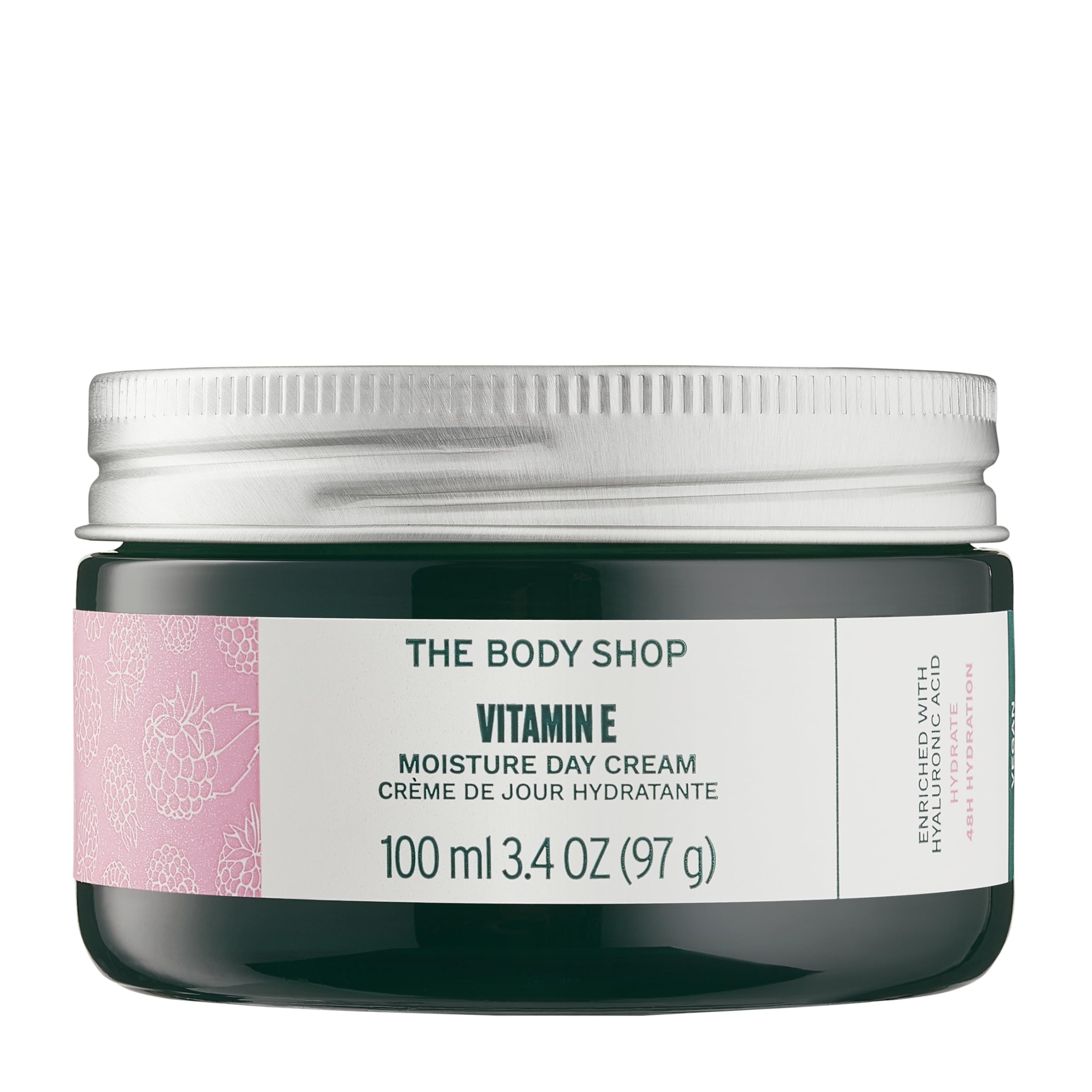 The Body Shop Vitamin E front packaging showing jar and label, clear product identity and benefits