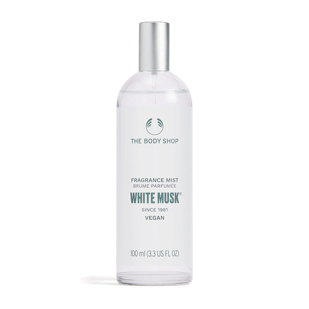 The Body Shop White Musk bottle front showing elegant fragrance benefit