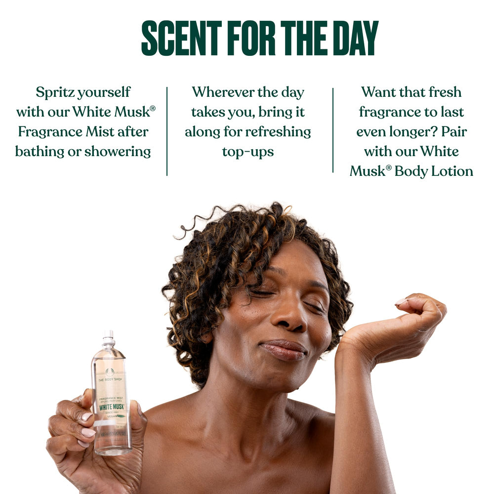 The Body Shop White Musk recycled glass label highlighting eco-friendly benefit