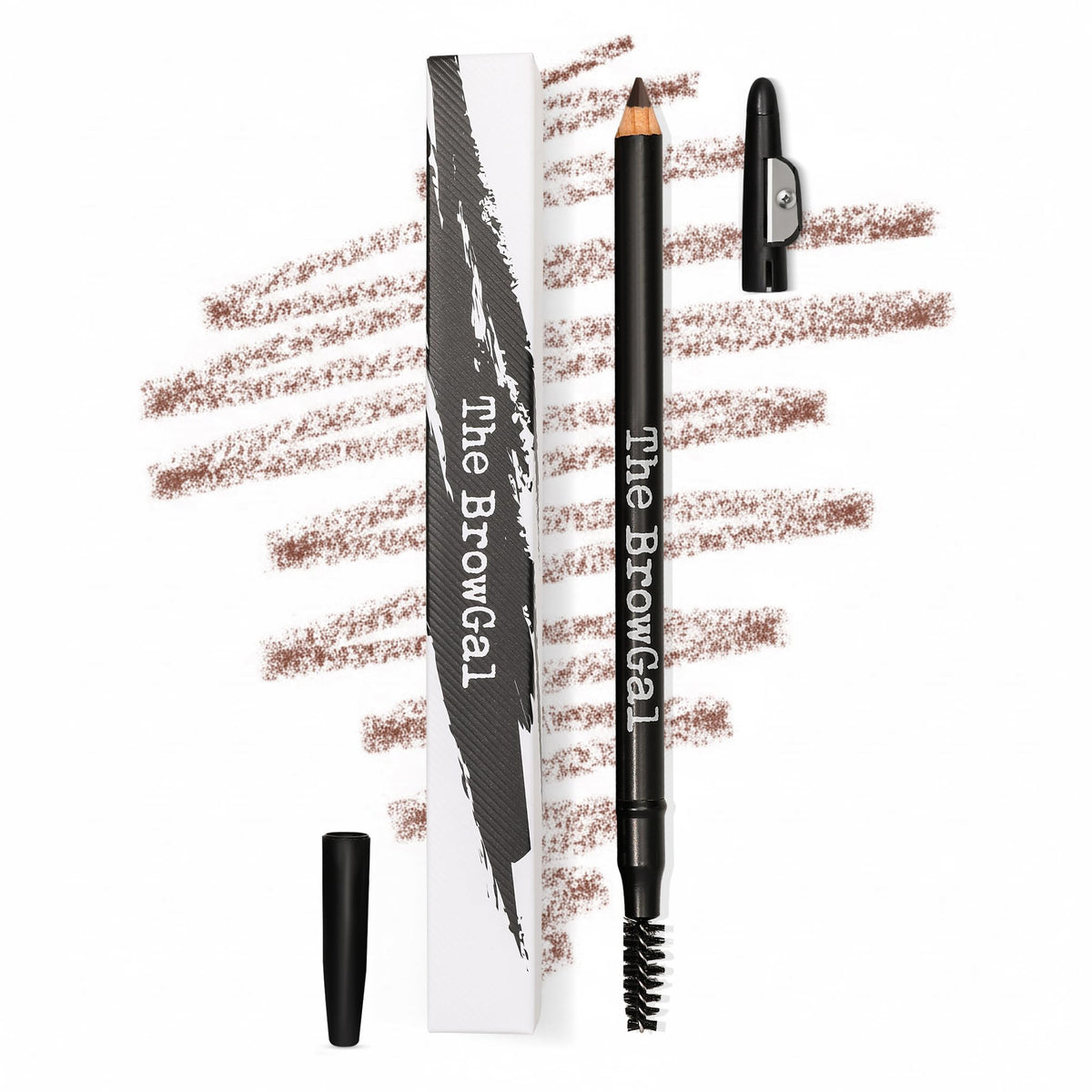 The BrowGal pencil front packaging showing compact 3-in-1 design and convenience