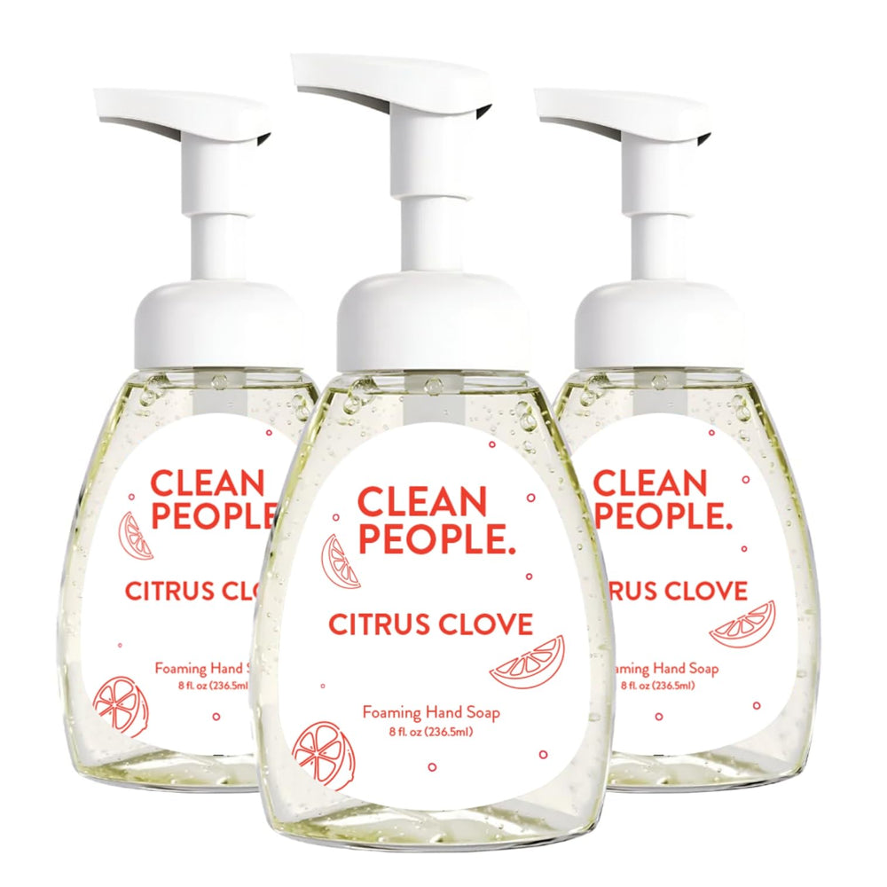 THE CLEAN PEOPLE front packaging showing three 8 oz bottles and seasonal label, clear benefits