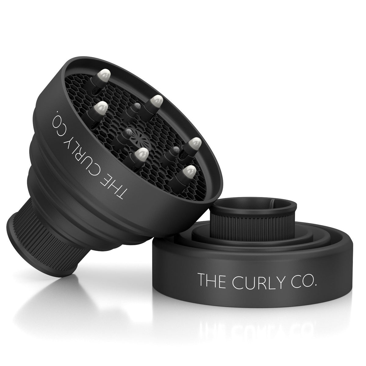 The Curly Co. diffuser front view showing bowl shape and secure fit benefit