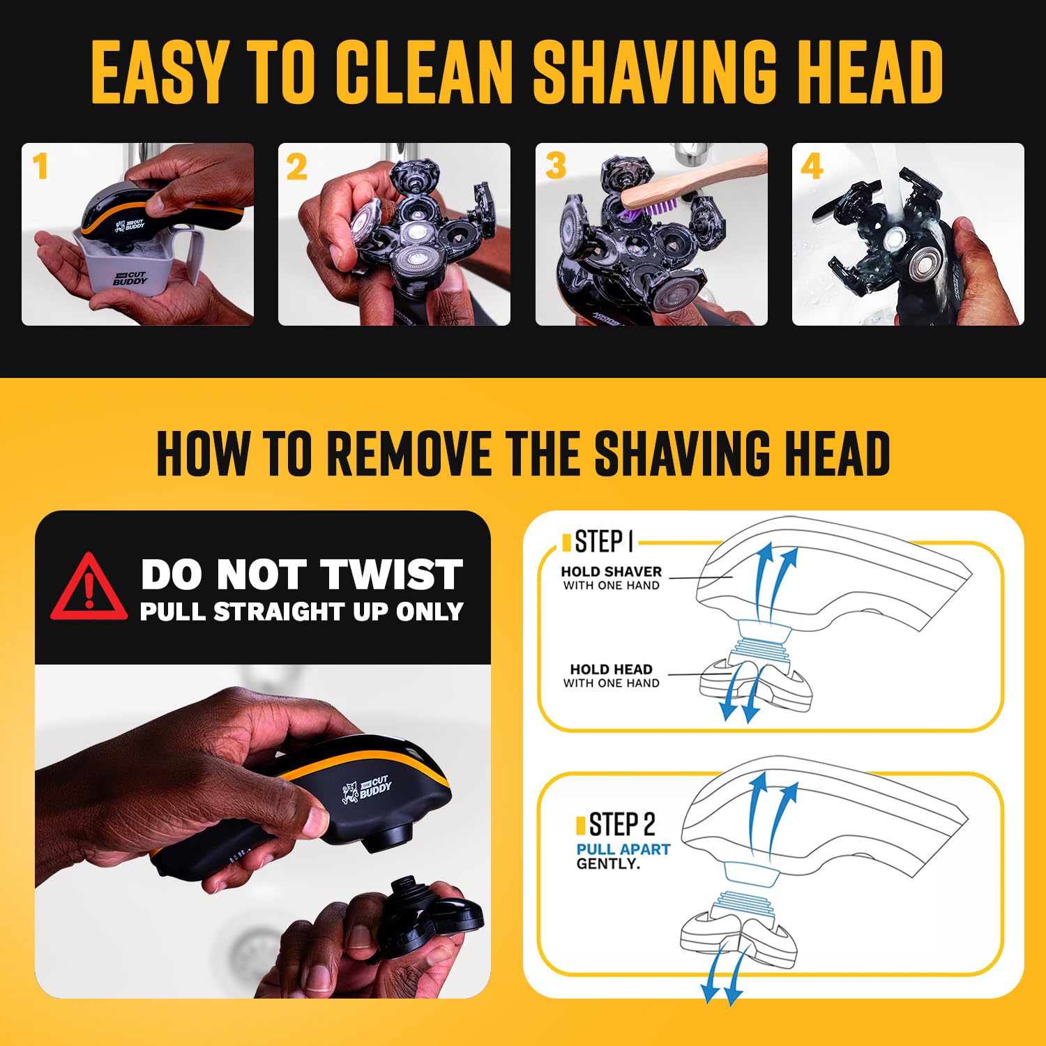The Cut Buddy head held in hand showing scale and ergonomic size for home barbers