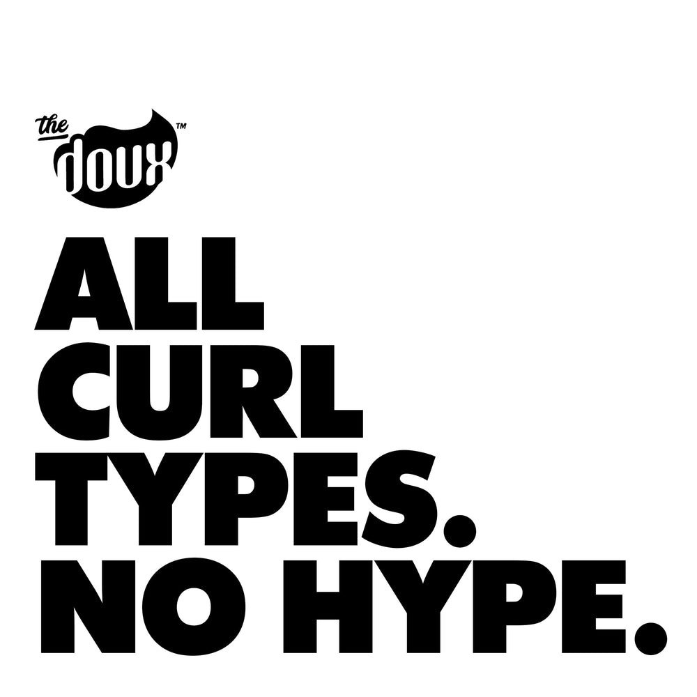 The Doux Bee Girl styled model showing shiny, defined curls and frizz control benefit