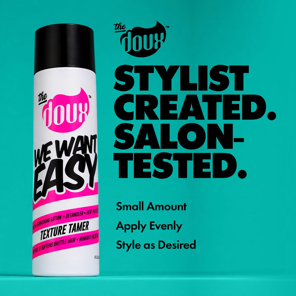 the doux texture tamer 8 oz bottle with pump, emphasizes easy dispensing and salon quality
