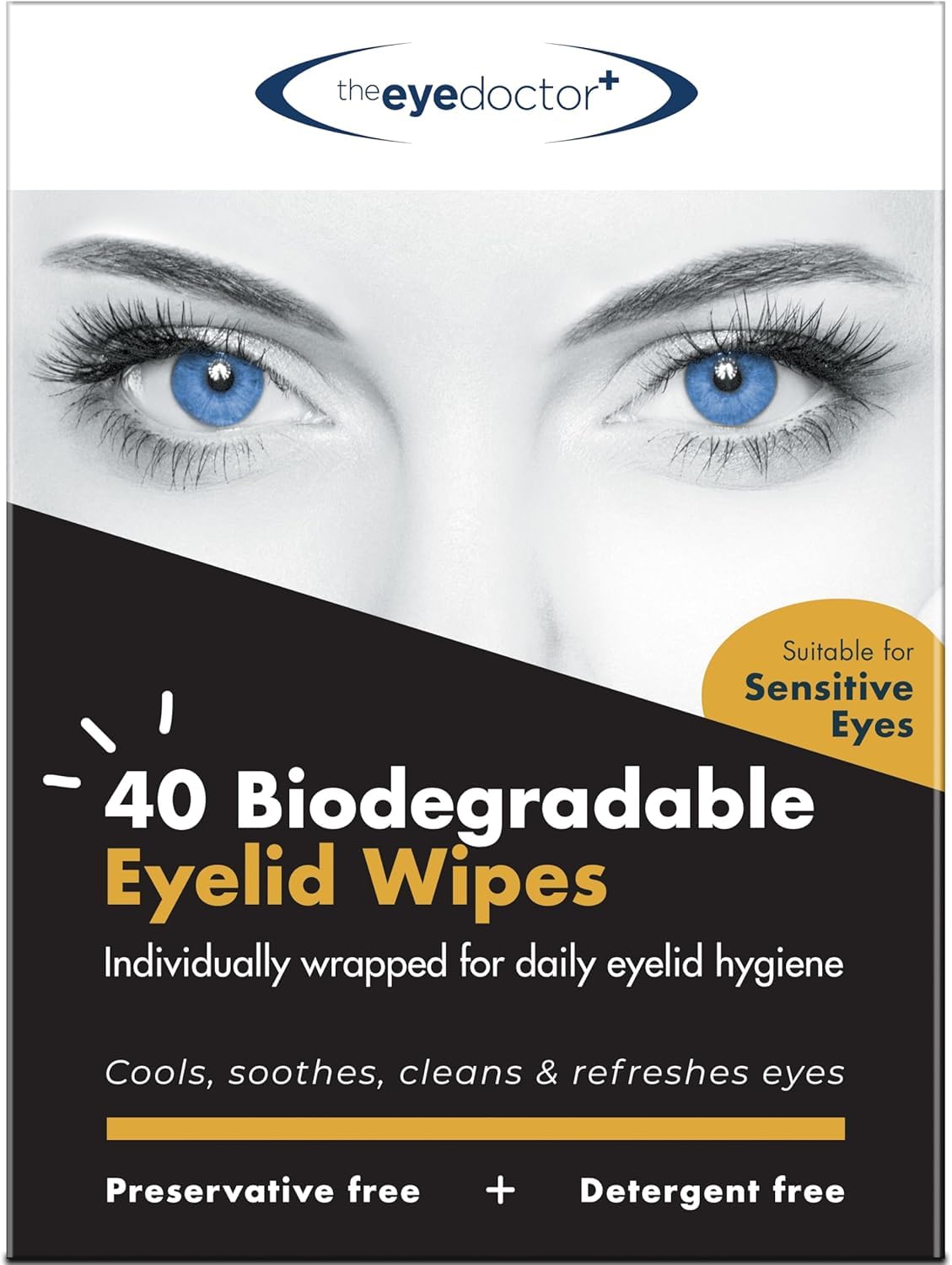 The Eye Doctor front packaging showing 80 wipes and brand benefit