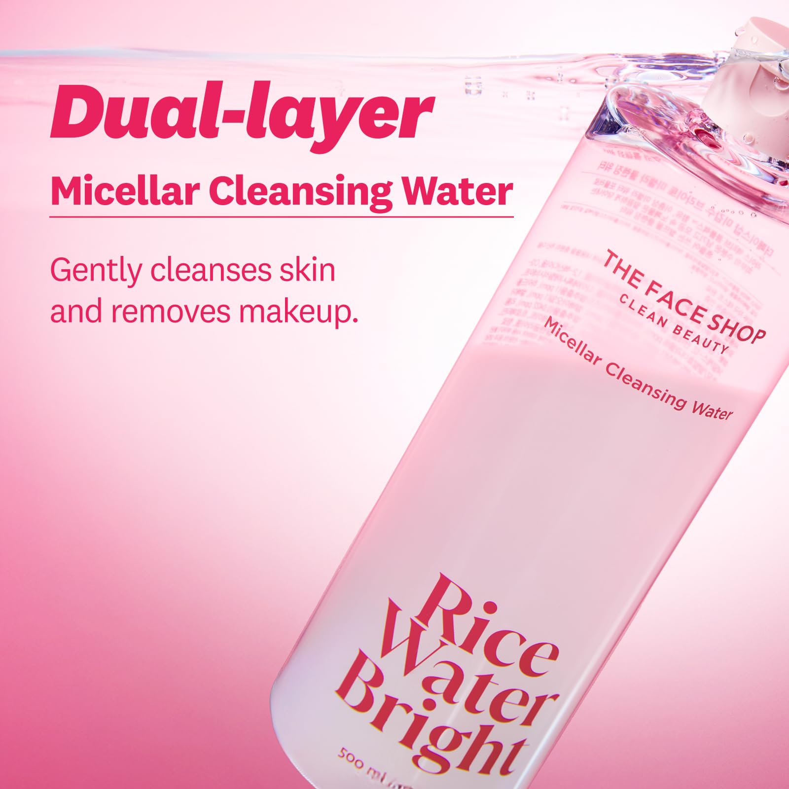 The Face Shop rice water micellar two-layer close-up showing shake-to-mix action