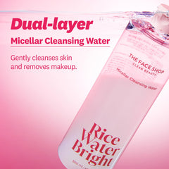 The Face Shop rice water micellar two-layer close-up showing shake-to-mix action