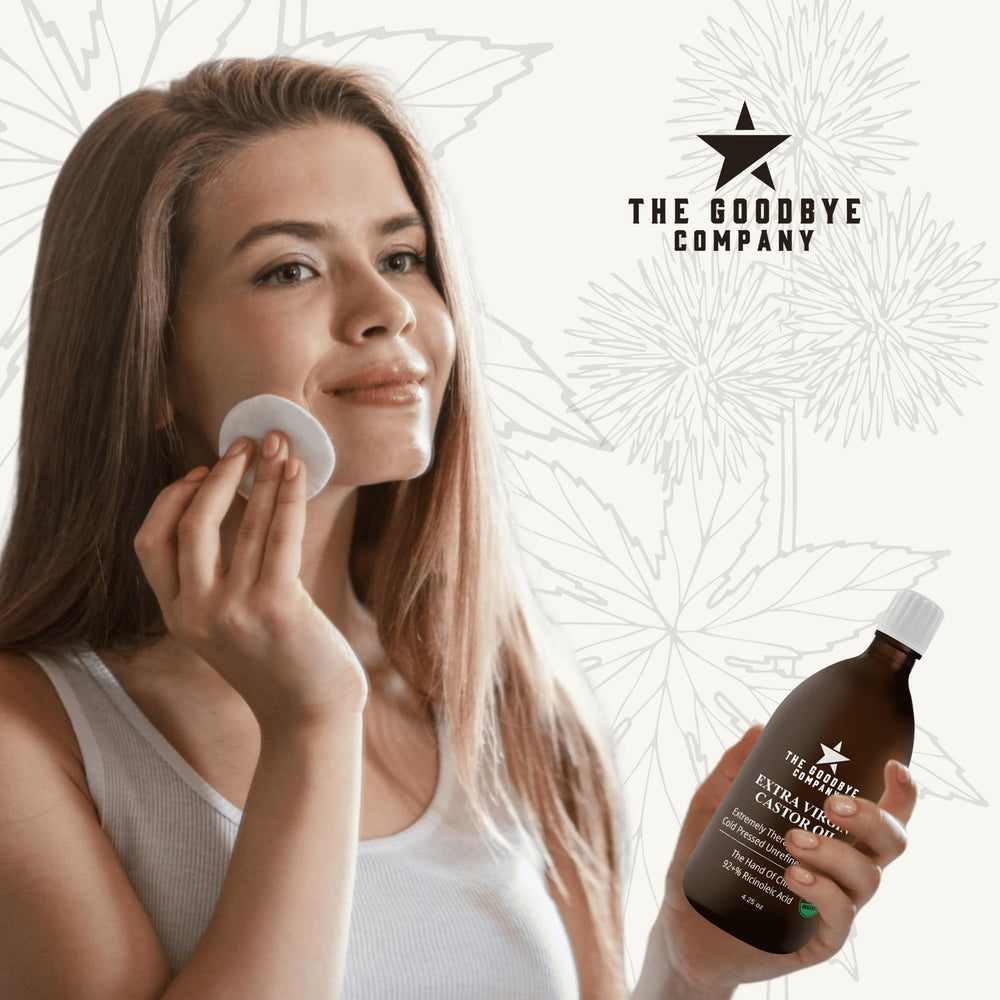 The Goodbye Company bottle on bathroom shelf lifestyle, suggesting daily routine use