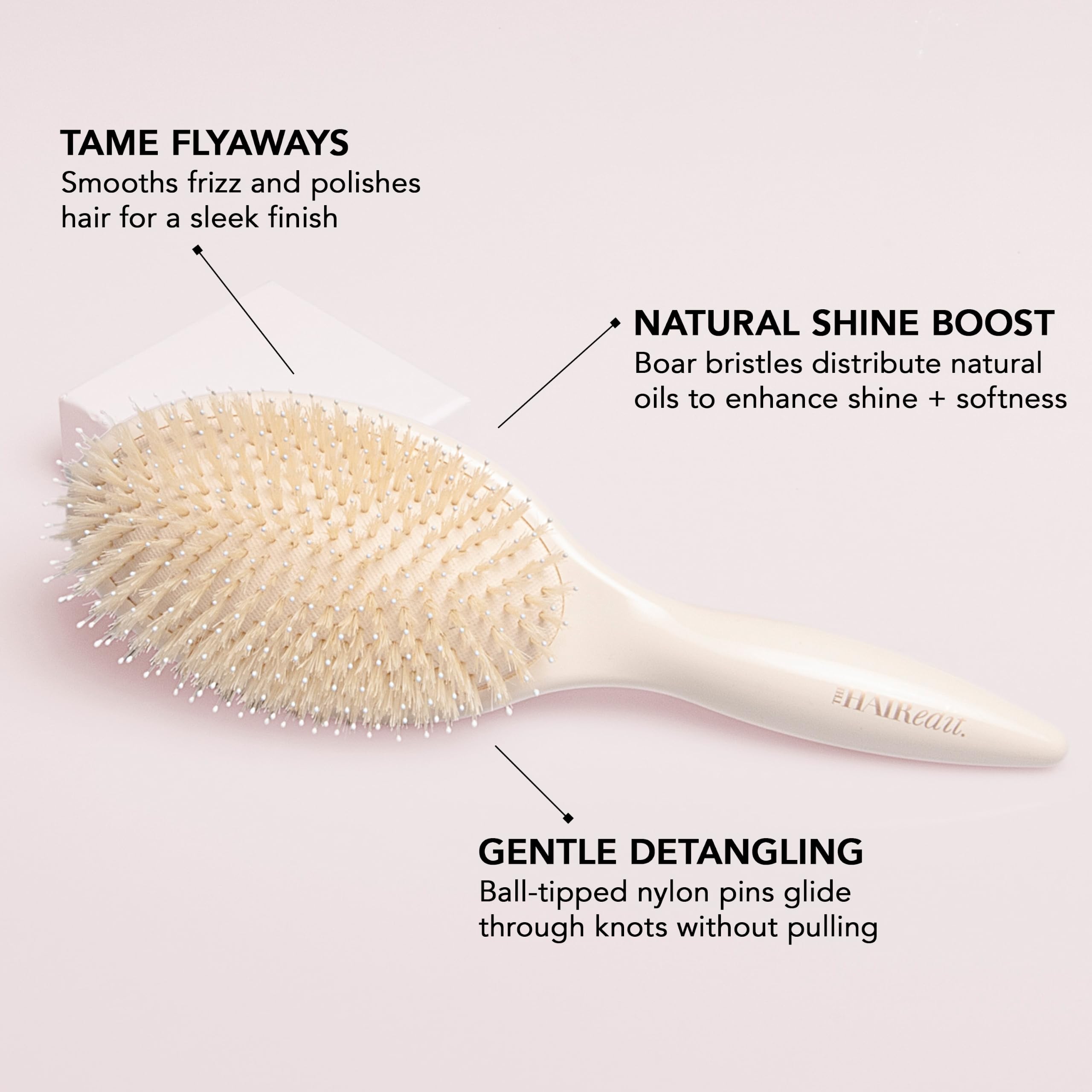 The Hair Edit boar bristles and nylon pins detail for gentle detangling
