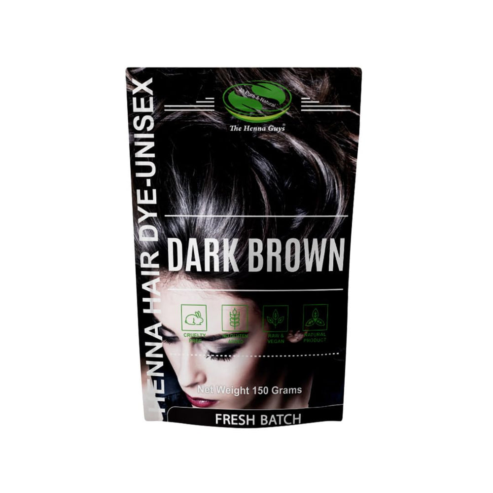 The Henna Guys pouch front view showing natural dark brown hair dye benefits