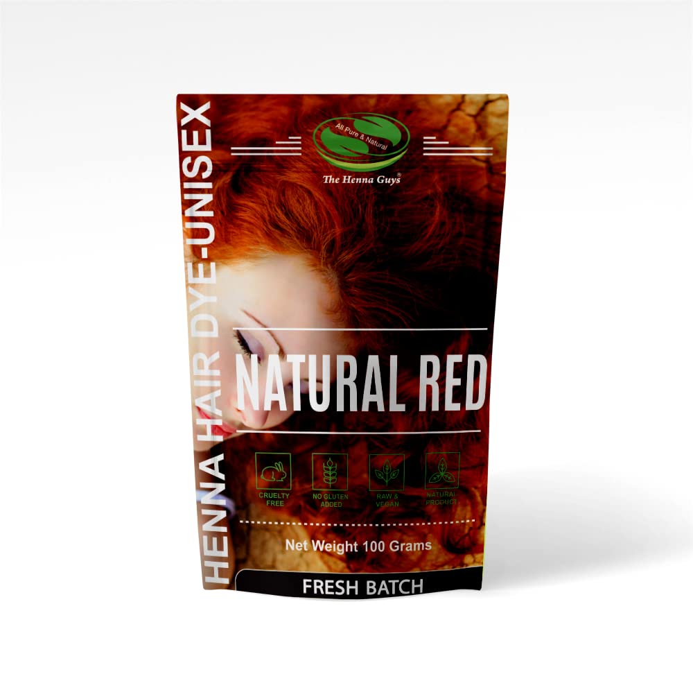 The Henna Guys front package showing natural red henna and clear labeling benefit: plant-based color