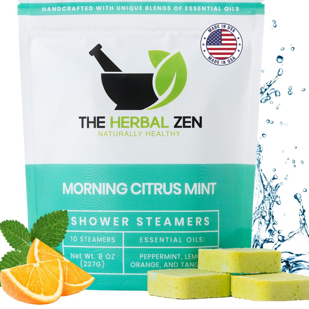 The Herbal Zen front packaging showing 10-pack and citrus mint scent for energizing showers