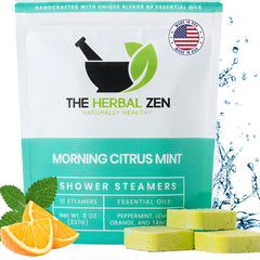 The Herbal Zen front packaging showing 10-pack and citrus mint scent for energizing showers