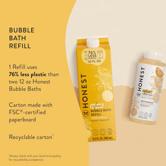 Pouring Honest Company bubble bath into bottle to show refill convenience