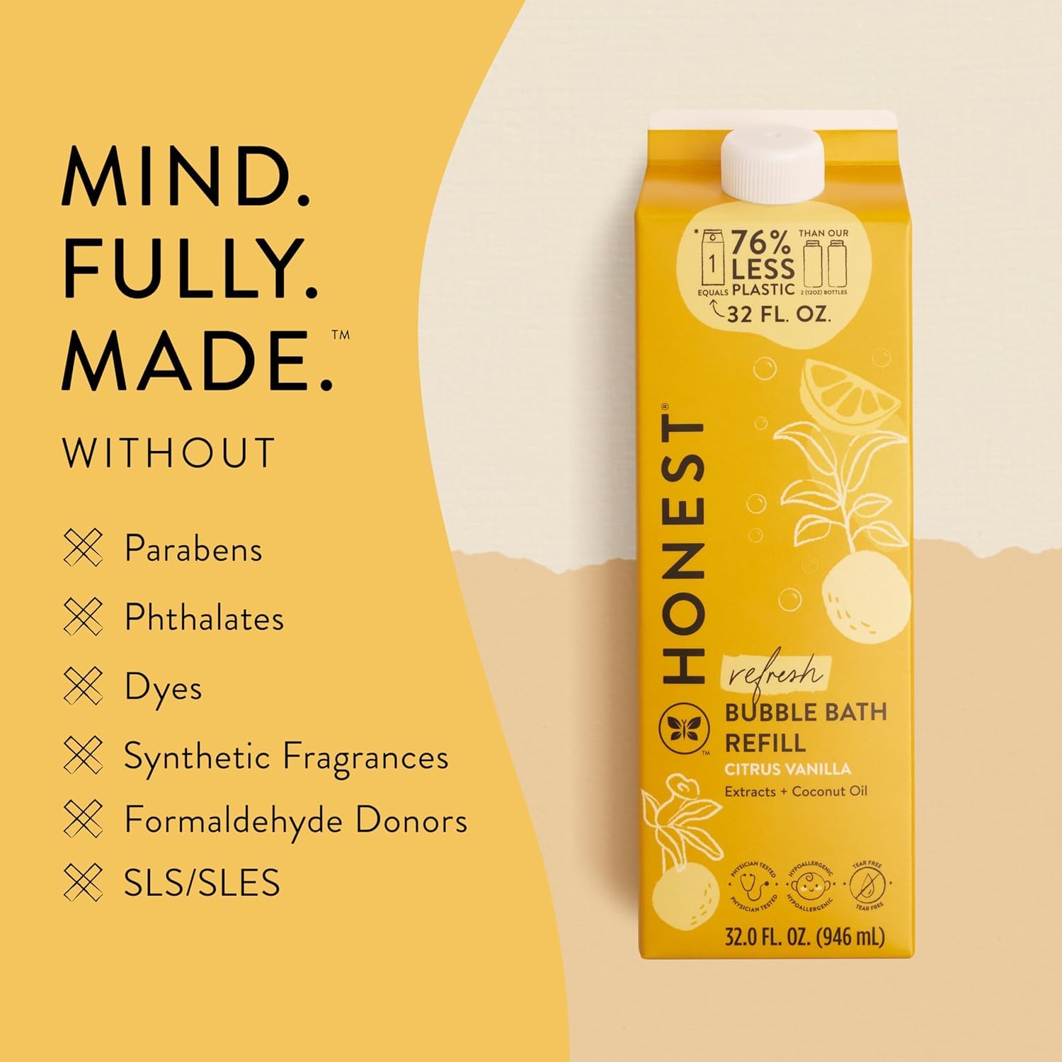 Natural citrus and vanilla ingredients near Honest Company carton illustrating scent