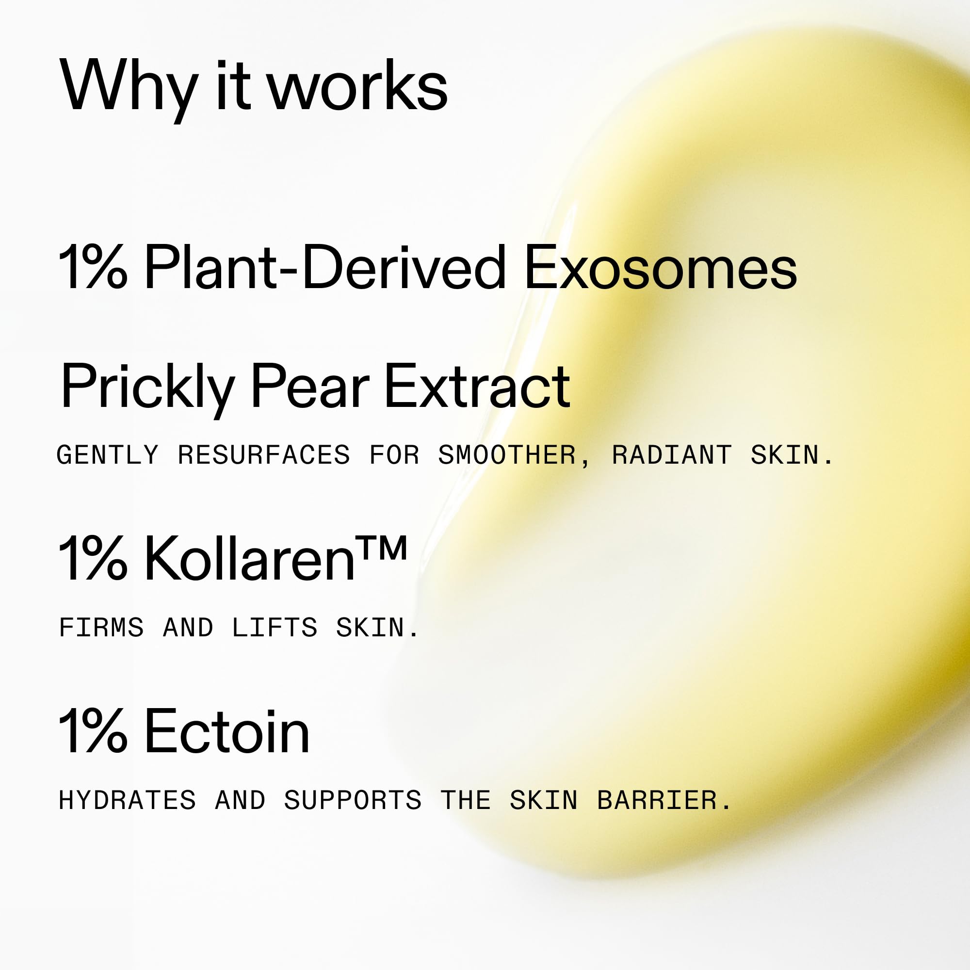 Product label and ingredients list showing key actives like exosomes and Kollaren™