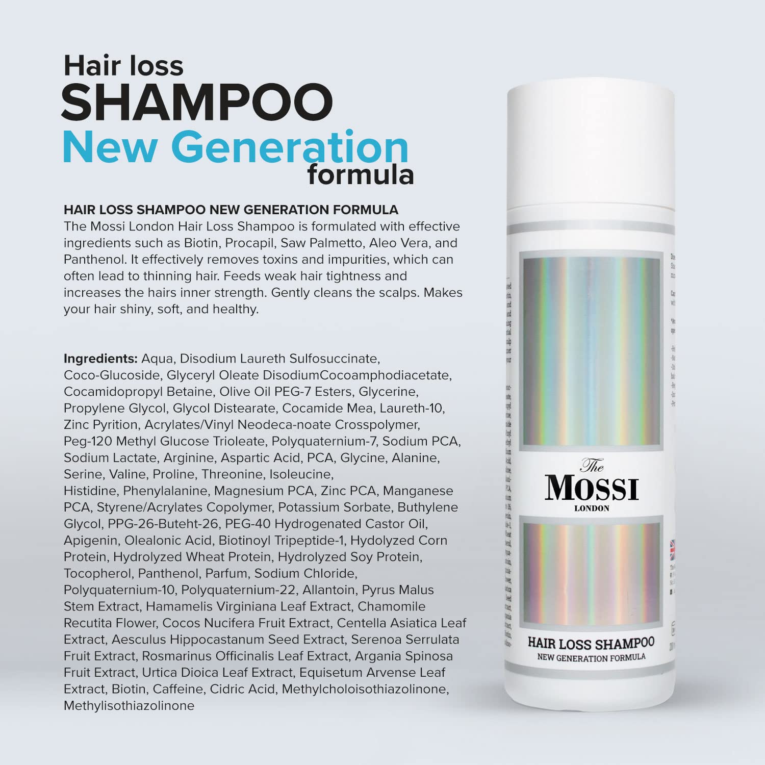 The Mossi London label close-up highlighting active ingredients and benefits