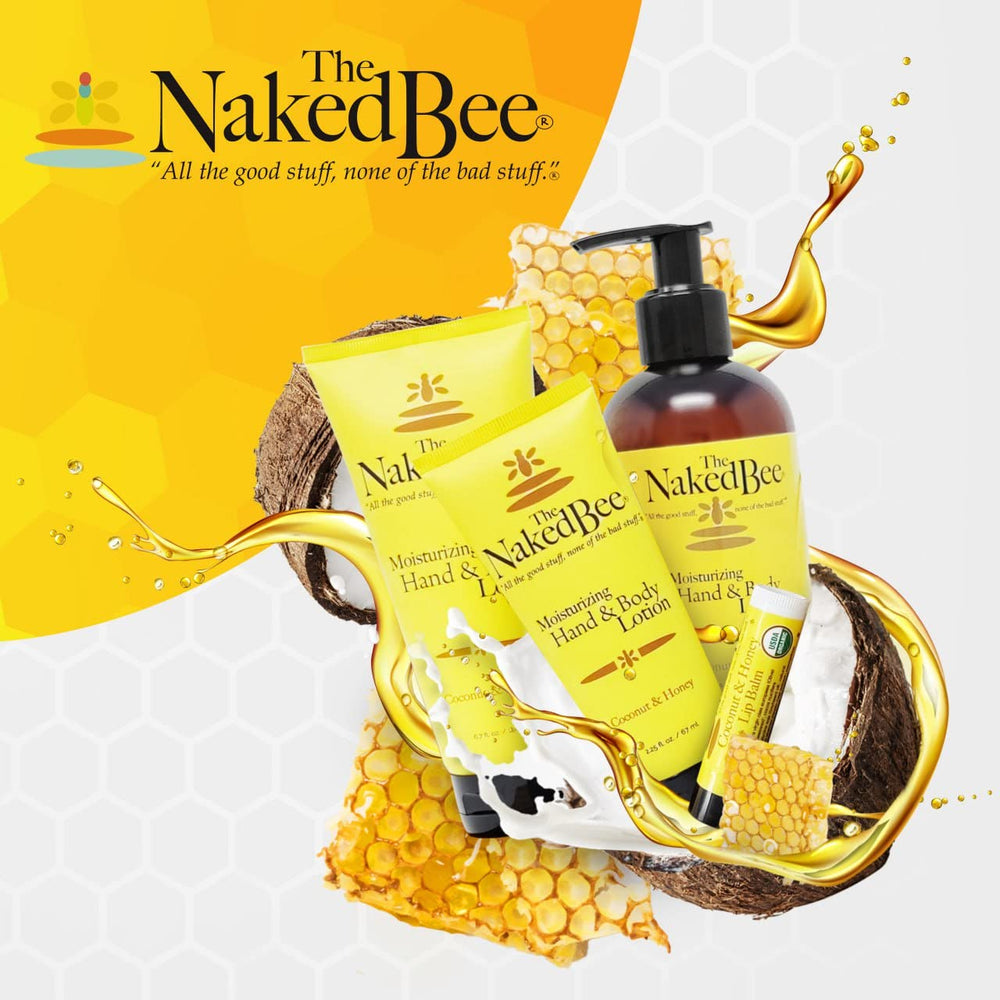 The Naked Bee lip balm tube label close-up highlighting organic lip protection