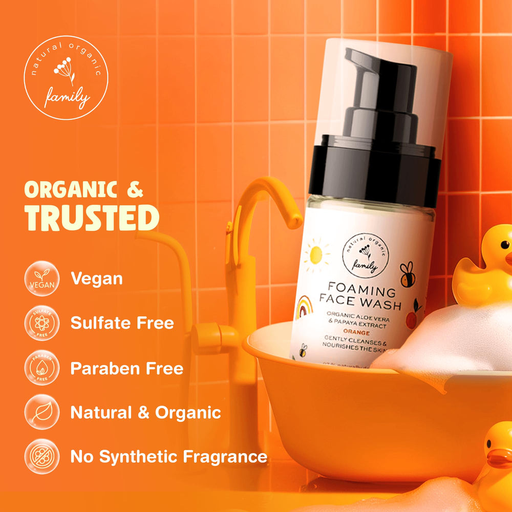 The Natural and Organic Family bottle beside toothbrush showing 150ml size