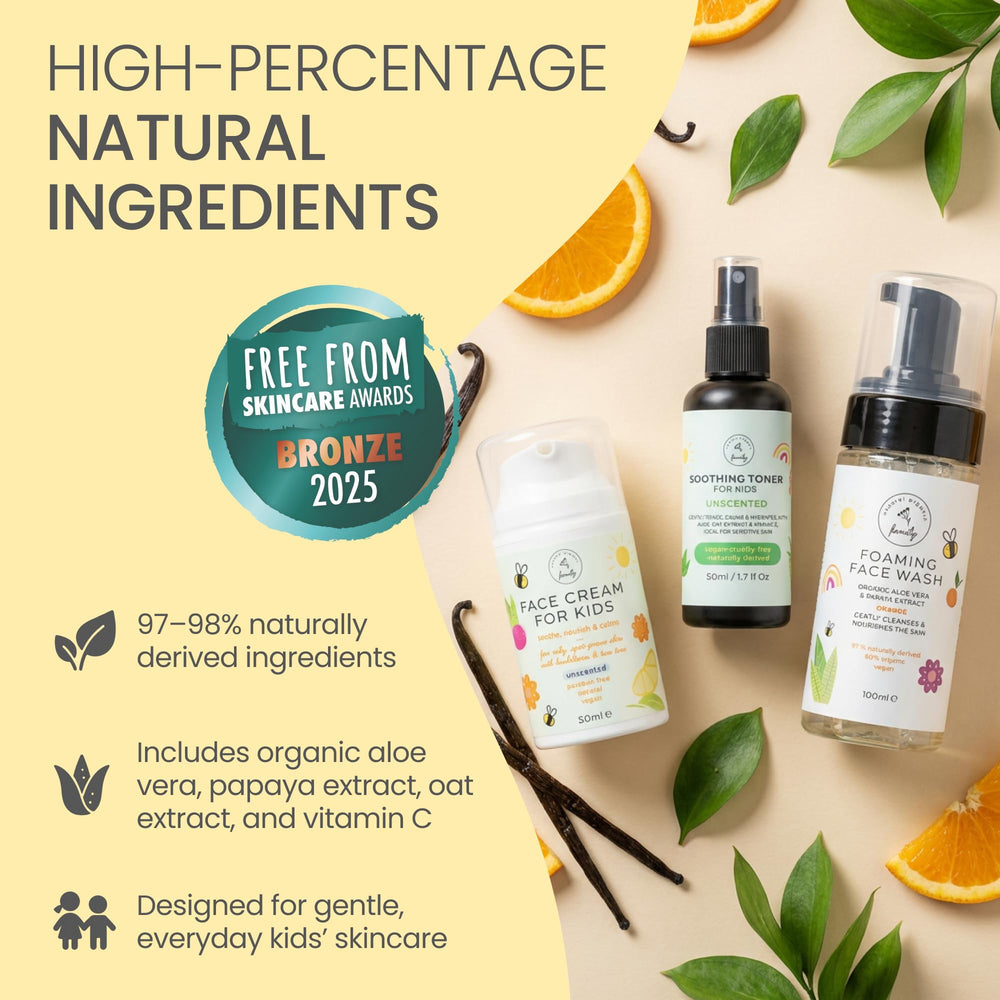 The Natural and Organic Family set in bathroom lifestyle scene encouraging daily routine