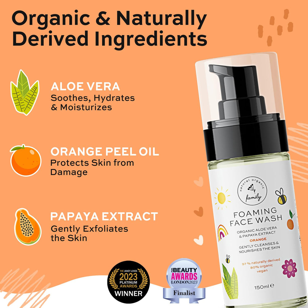 The Natural and Organic Family orange and aloe still life showing natural scent benefit