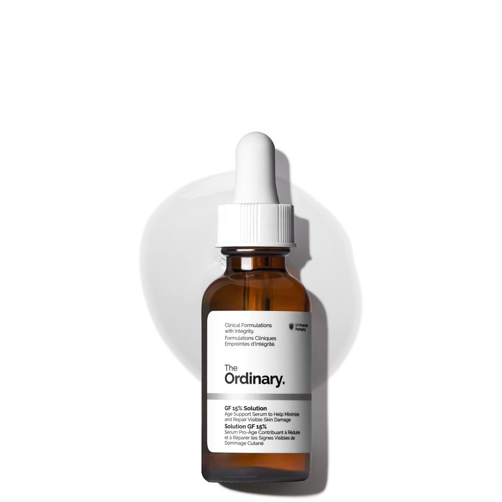 The Ordinary GF 15% front bottle showing packaging and clear serum for immediate visual recognition