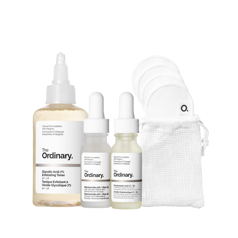 The Ordinary minis staged on a bathroom shelf for daily routine appeal
