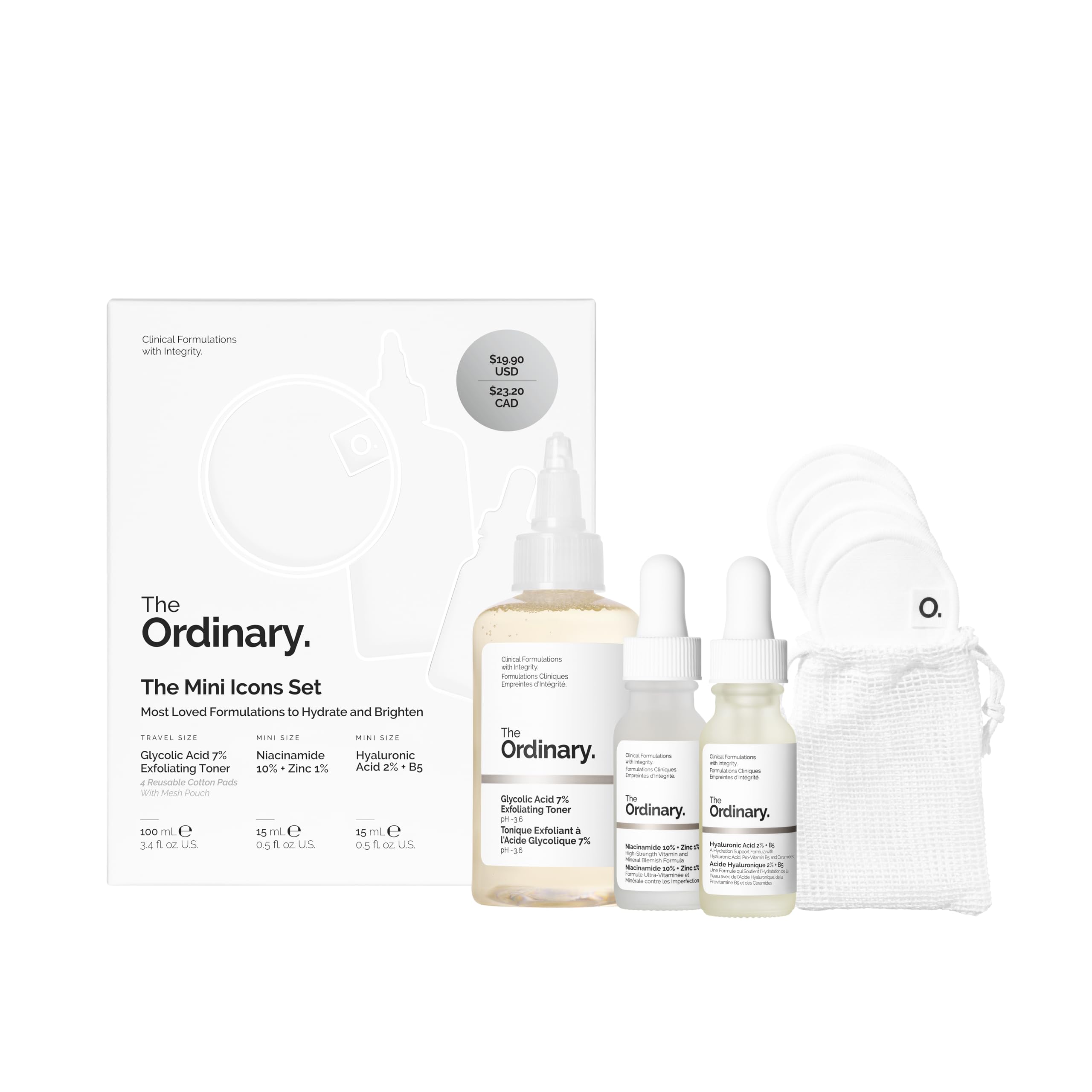 The Ordinary front packaging showing mini bottles and rounds for travel hydration