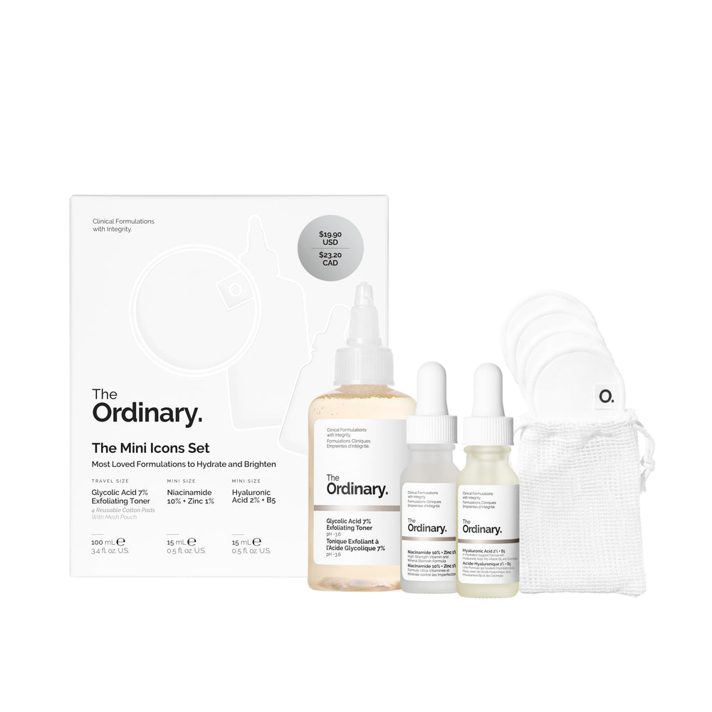 The Ordinary front packaging showing mini bottles and rounds for travel hydration