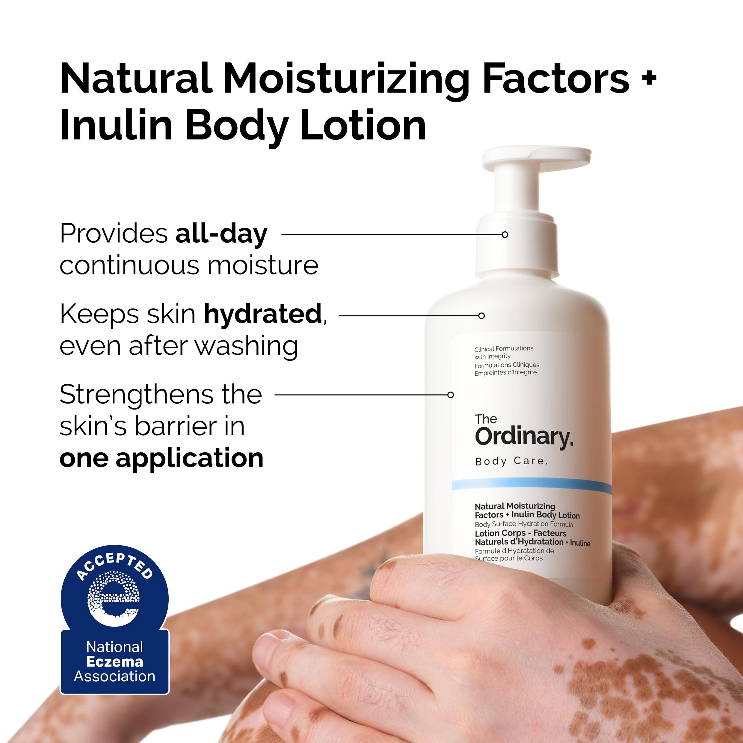 The Ordinary NMF + Inulin body lotion pouring, lightweight hydration visual