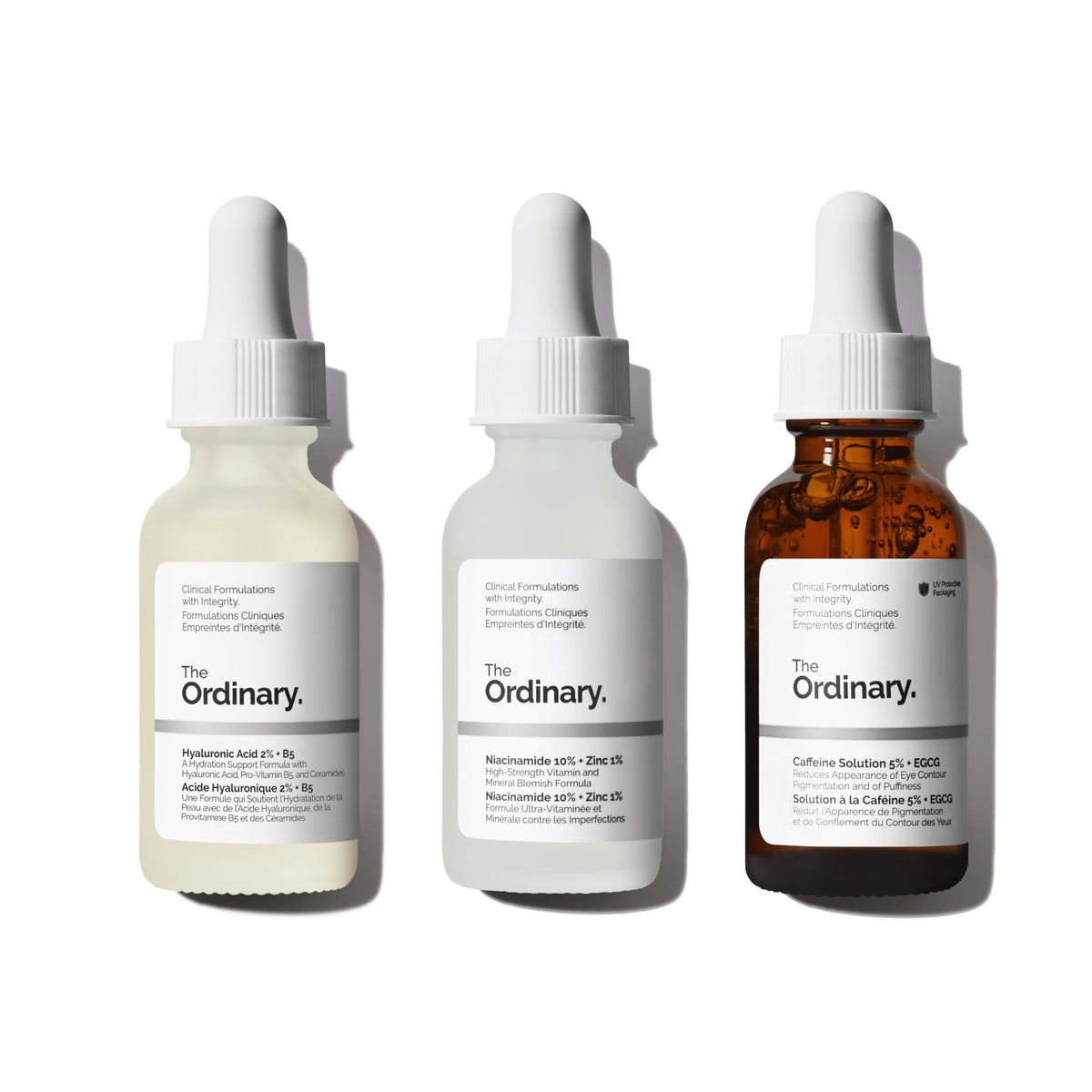 The Ordinary trio front packaging showing three 1 fl oz bottles and product clarity